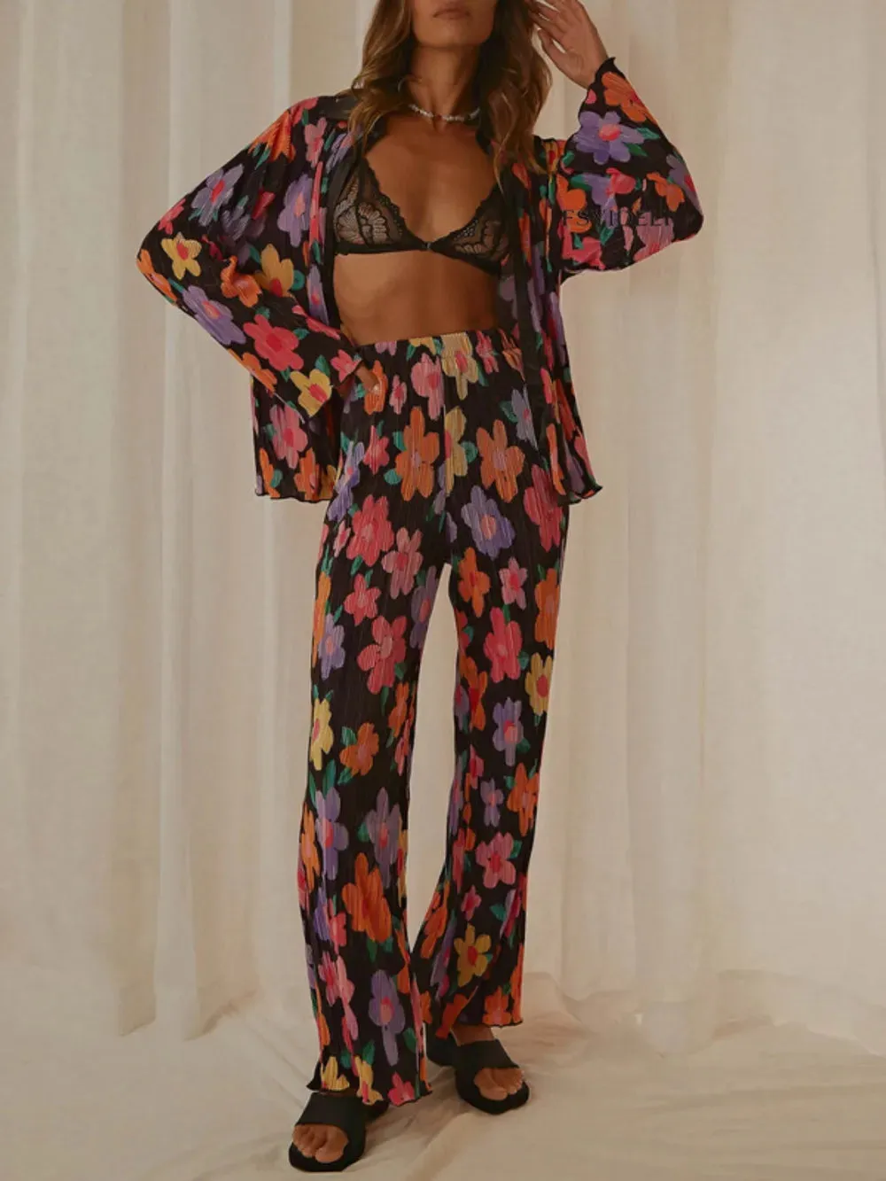 Printed Collared Neck Long Sleeve Top and Pants Lounge Set sold by Gigi Laurent product image thumbnail 3