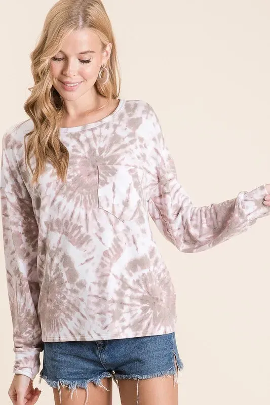 BiBi Tie Dye Print Terry Top with Front Patch Pocket made by Trendsi