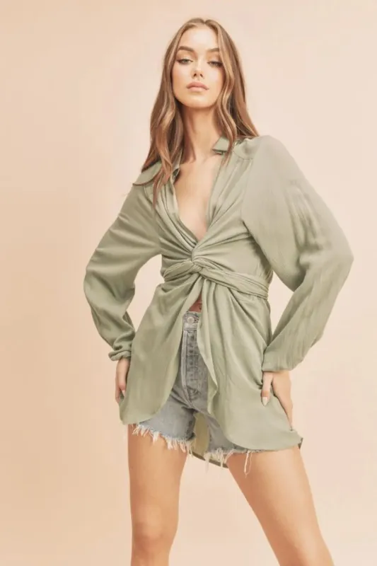 Aemi + Co Tied Collared Neck Long Sleeve Top sold by Gigi Laurent