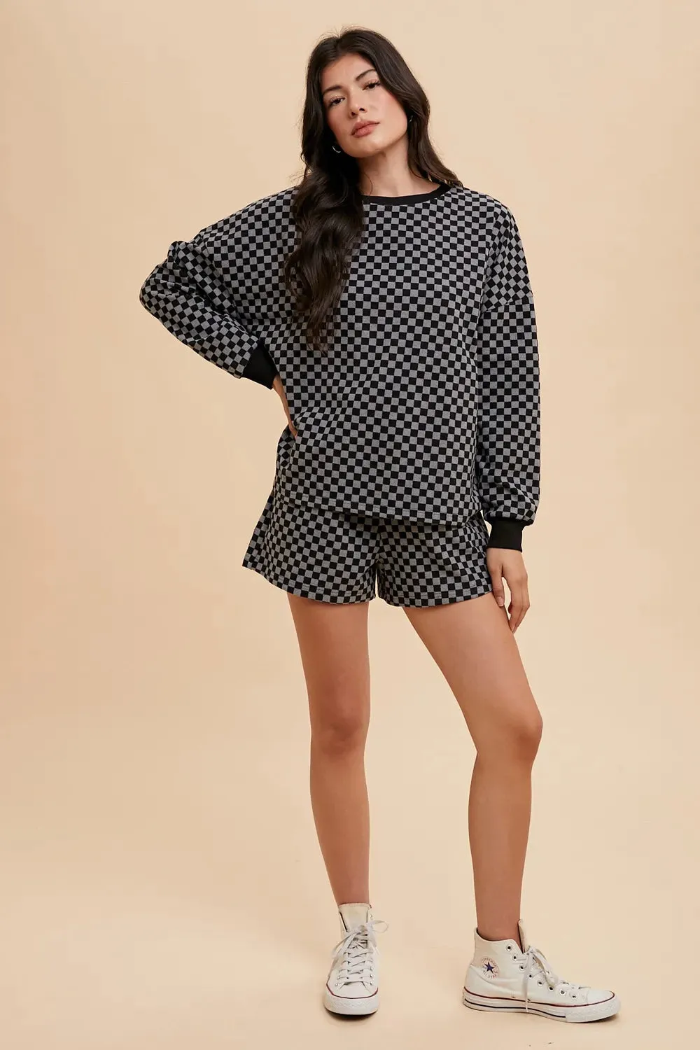 Annie Wear Checkered Round Neck Top and Drawstring Shorts Set sold by Gigi Laurent product image thumbnail 4