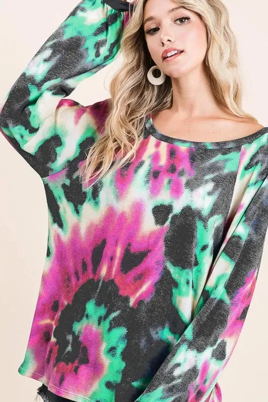 BiBi Tie Dye Print Terry Top with Puff Sleeves sold by Gigi Laurent