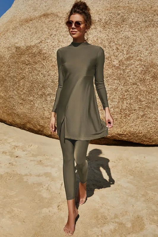 Slit Mock Neck Long Sleeve Top and Pants Swim Set sold by Gigi Laurent
