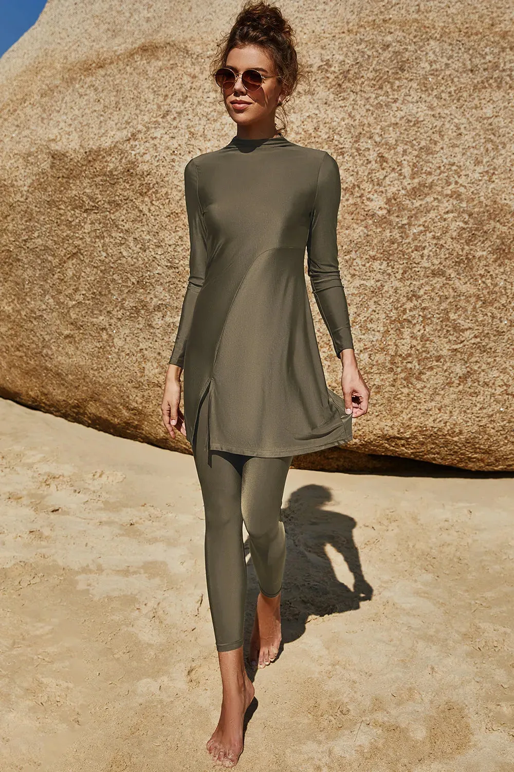 Slit Mock Neck Long Sleeve Top and Pants Swim Set sold by Gigi Laurent