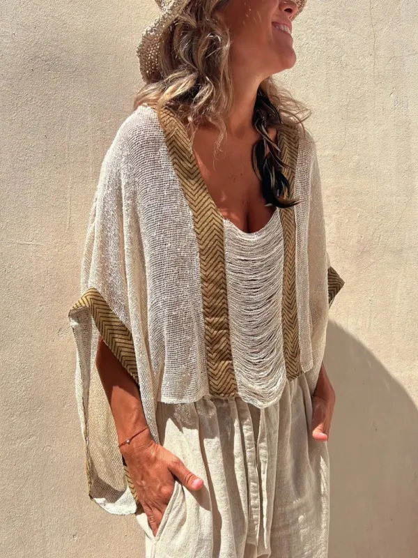 Contrast Scoop Neck Knit Cover Up made by Trendsi