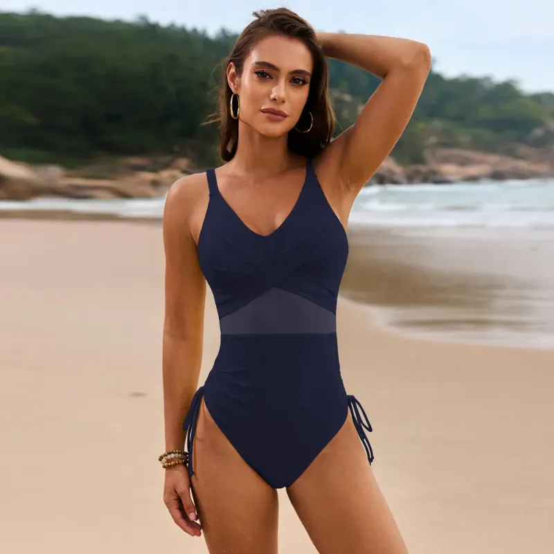 Drawstring Ruched V-Neck One-Piece Swimwear sold by Gigi Laurent