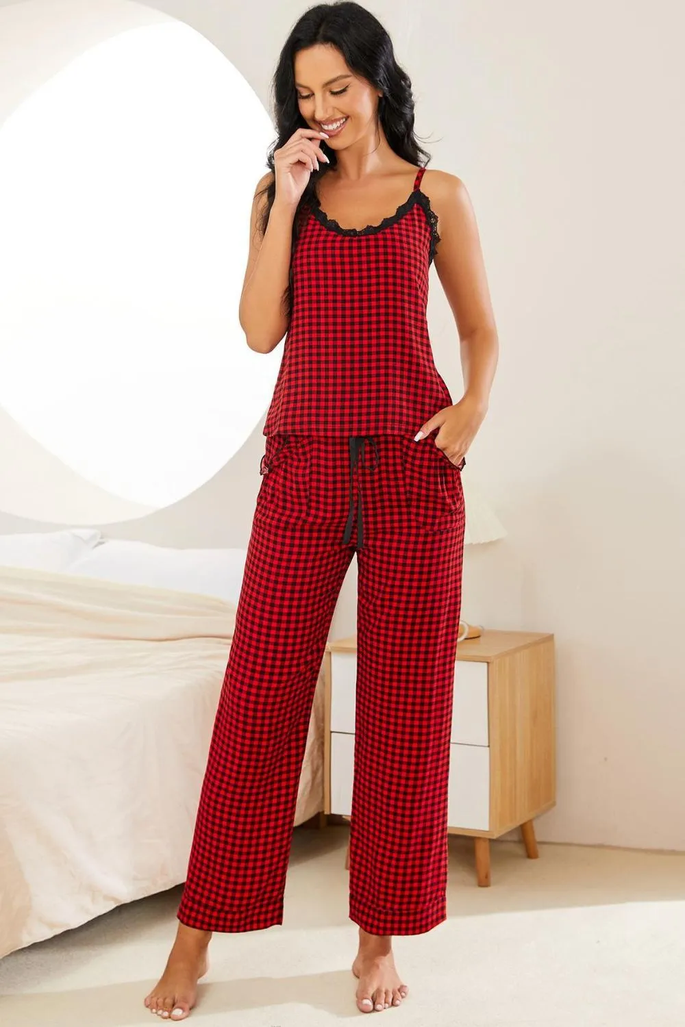 Plaid Lace Trim Cami and Drawstring Pants Pajama Set sold by Gigi Laurent product image thumbnail 3