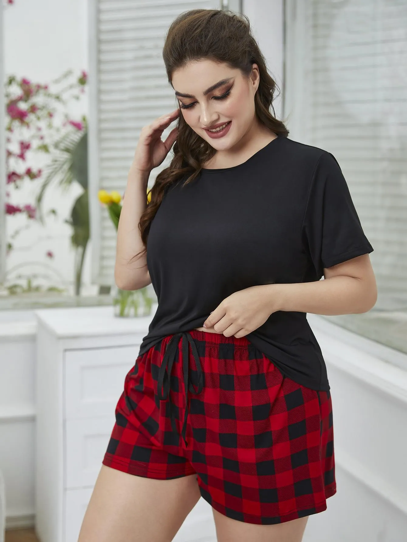 Plus Size Round Neck Tee Shirt and Plaid Shorts Lounge Set sold by Gigi Laurent product image thumbnail 3