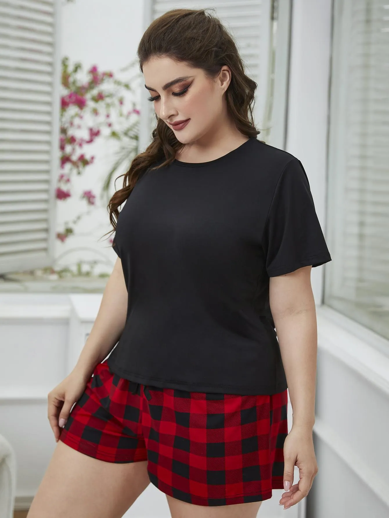 Plus Size Round Neck Tee Shirt and Plaid Shorts Lounge Set sold by Gigi Laurent product image thumbnail 5