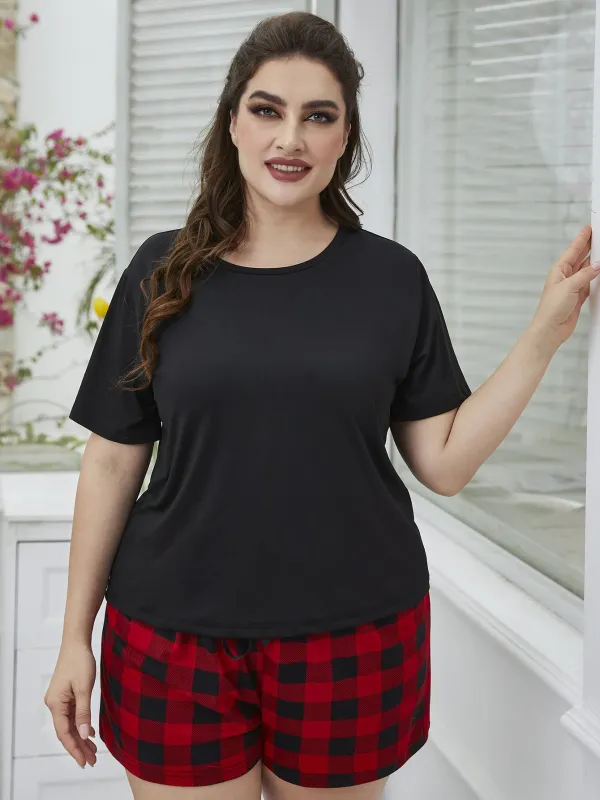 Plus Size Round Neck Tee Shirt and Plaid Shorts Lounge Set sold by Gigi Laurent