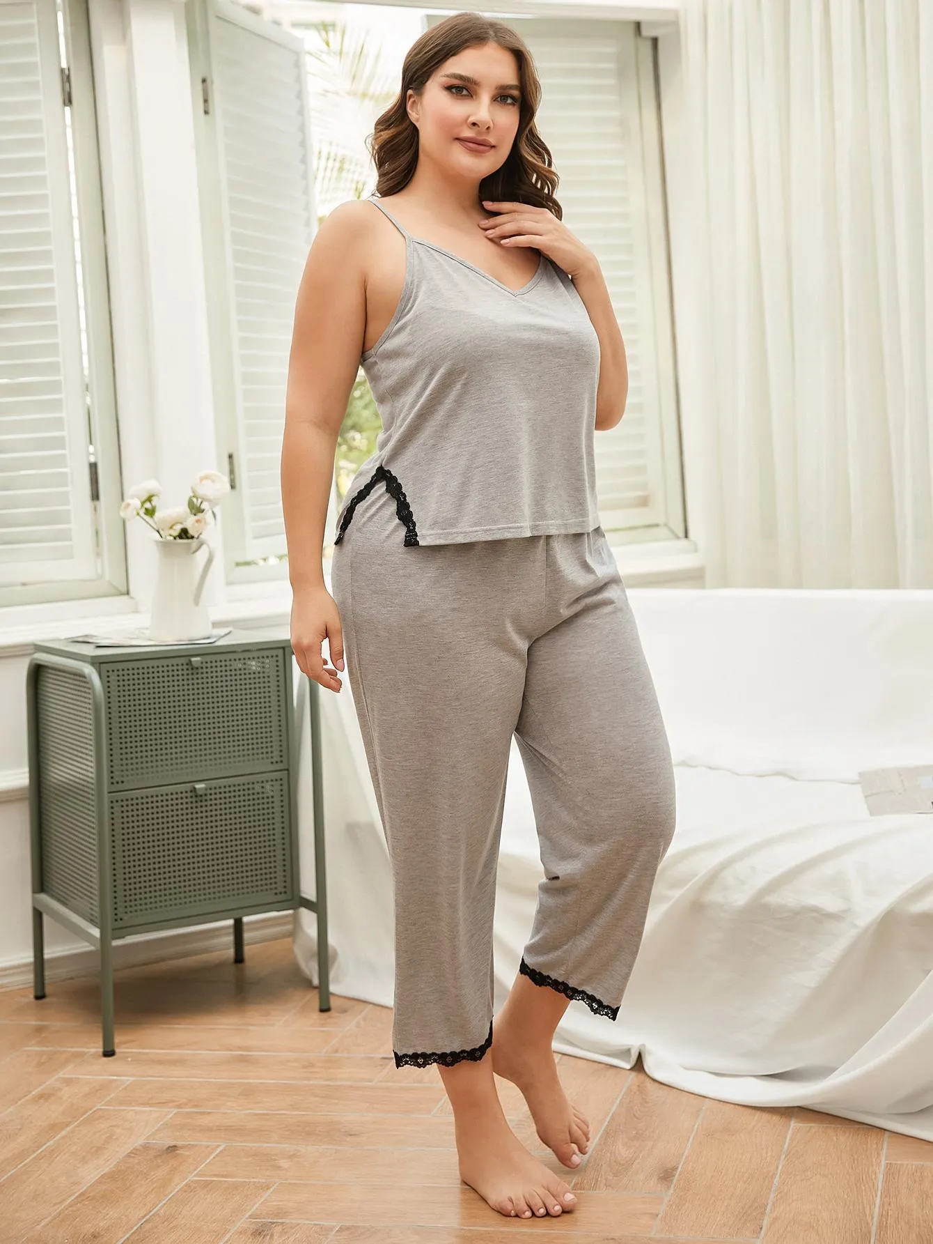 Plus Size Lace Trim Slit Cami and Pants Pajama Set sold by Gigi Laurent product image thumbnail 3