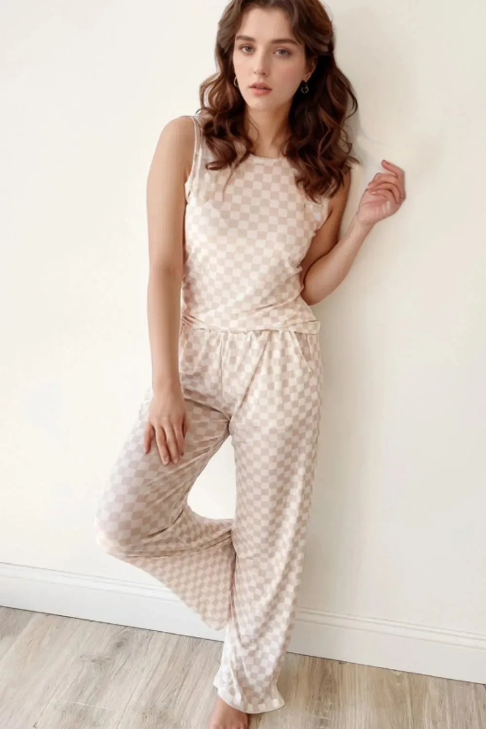 Ribbed Texture Checkered Print Tank and Pants Set sold by Gigi Laurent