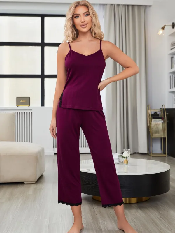 V-Neck Lace Trim Slit Cami and Pants Pajama Set sold by Gigi Laurent