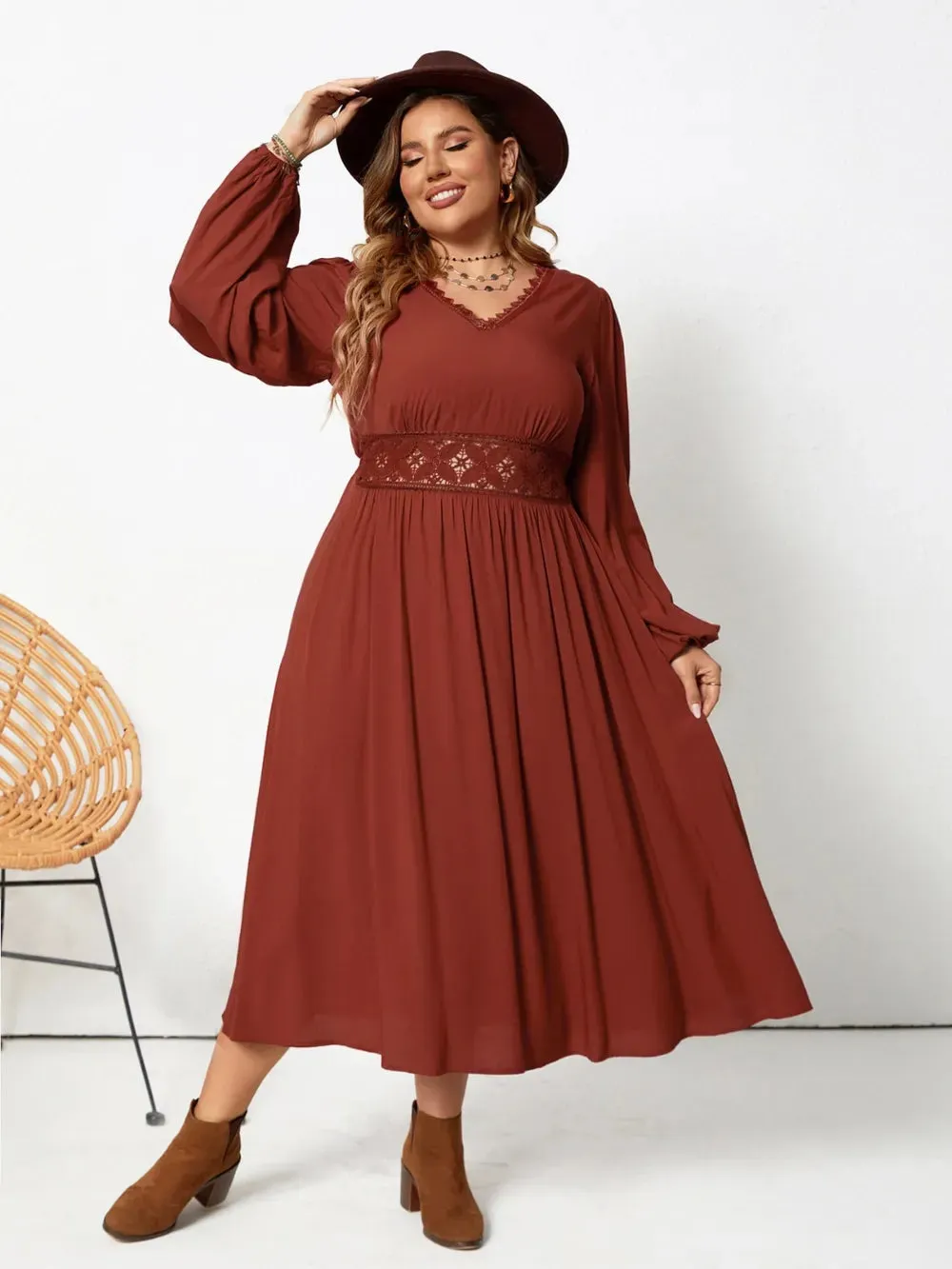 Plus Size Lace Detail V-Neck Balloon Sleeve Dress sold by Gigi Laurent