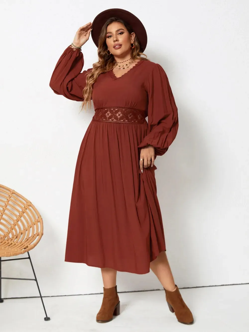 Plus Size Lace Detail V-Neck Balloon Sleeve Dress sold by Gigi Laurent product image thumbnail 3