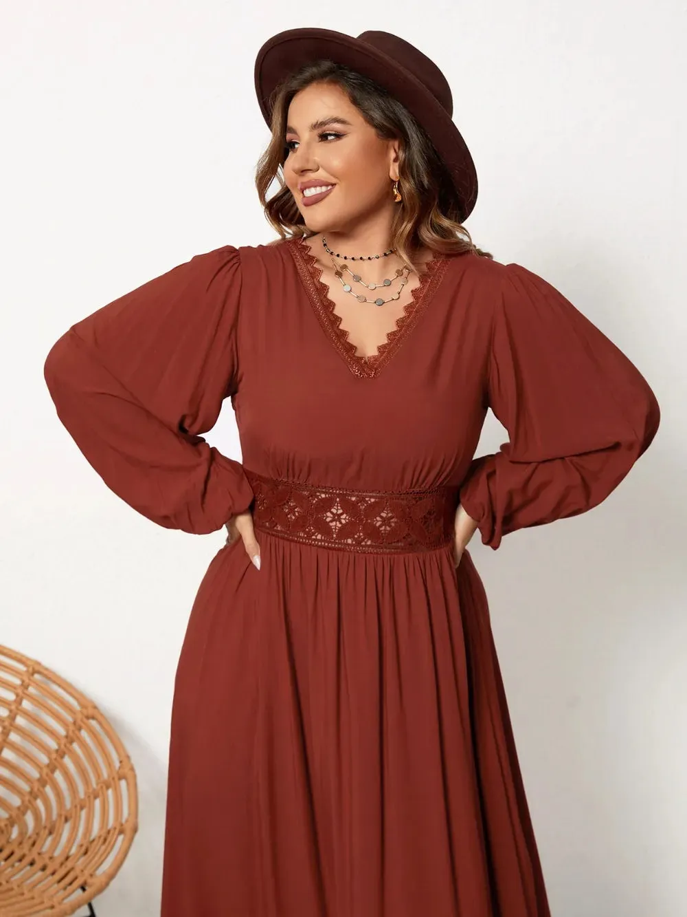 Plus Size Lace Detail V-Neck Balloon Sleeve Dress sold by Gigi Laurent product image thumbnail 4