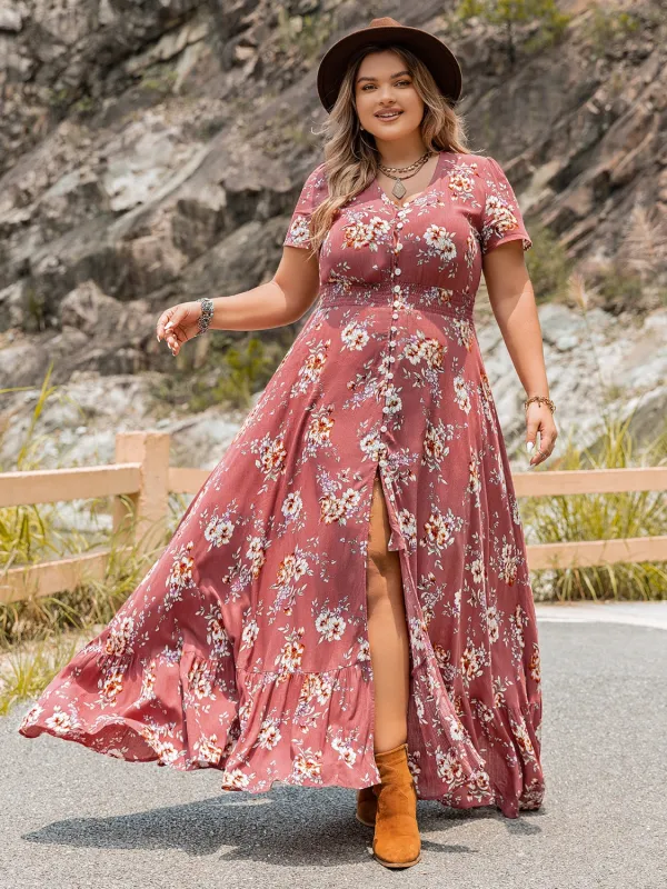 Plus Size Floral Slit Ruffle Hem Dress sold by Gigi Laurent