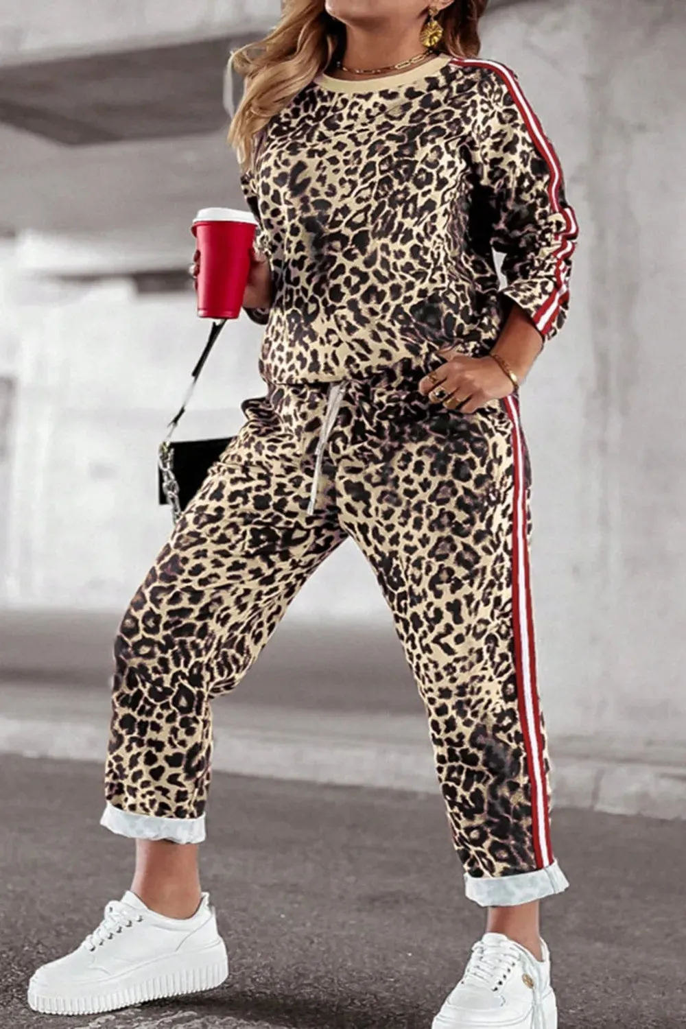 Plus Size Leopard Round Neck Top and Pants Set sold by Gigi Laurent product image thumbnail 5