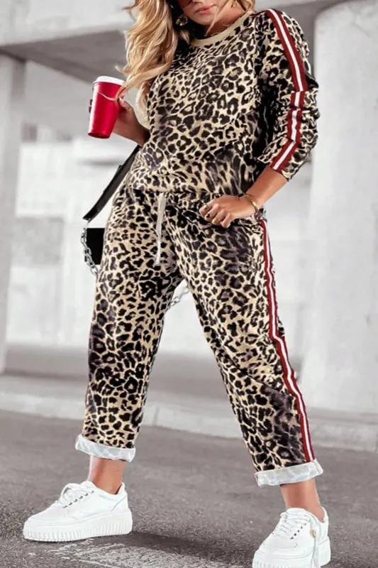Plus Size Leopard Round Neck Top and Pants Set sold by Gigi Laurent