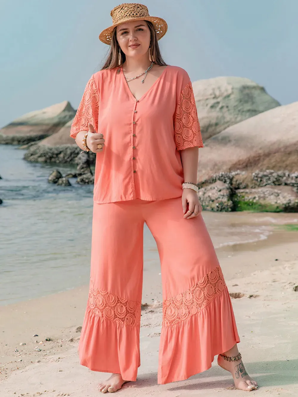 Plus Size Button Up Half Sleeve Top and Pants Set sold by Gigi Laurent product image thumbnail 5
