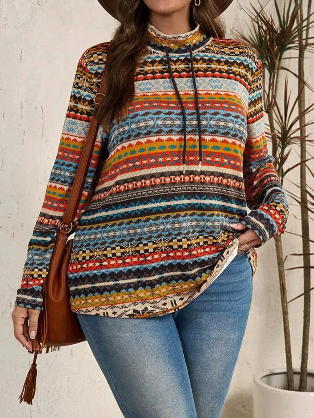Plus Size Drawstring Printed Mock Neck Long Sleeve Top sold by Gigi Laurent
