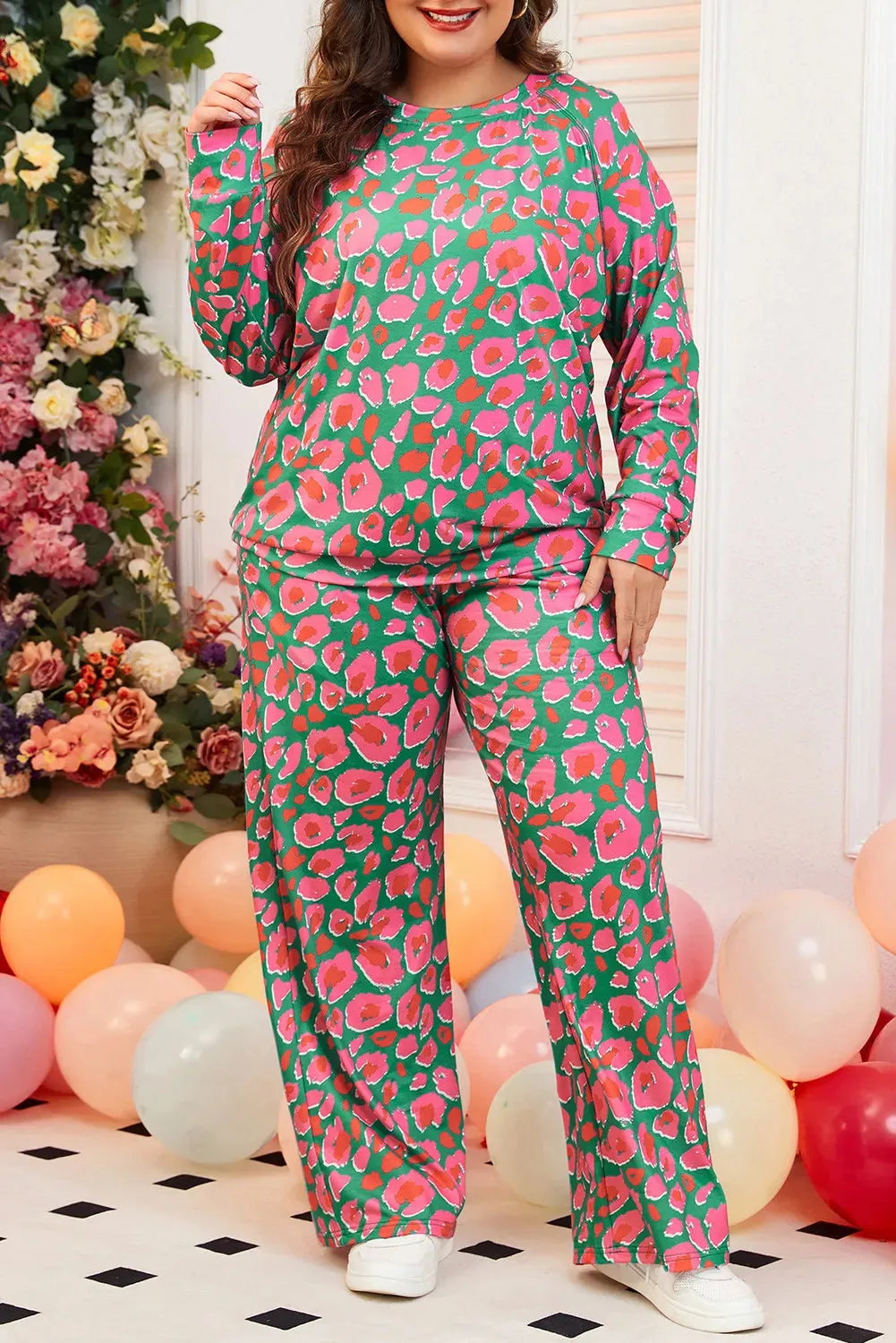 Plus Size Printed Round Neck Long Sleeve Top and Pants Set sold by Gigi Laurent