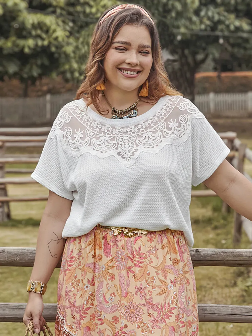 Plus Size Lace Detail Round Neck Short Sleeve Top sold by Gigi Laurent product image thumbnail 3