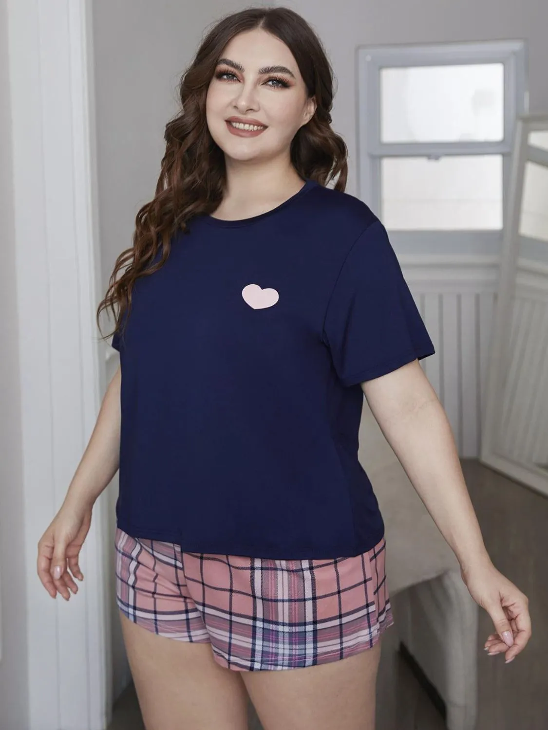 Plus Size Heart Graphic Top and Plaid Shorts Loungewear Set sold by Gigi Laurent