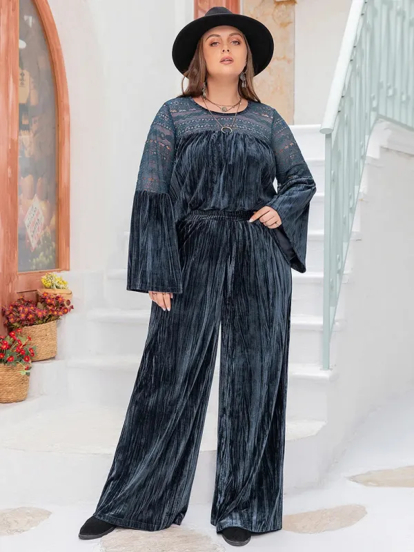 Plus Size Round Neck Flare Sleeve Top and Pants Set sold by Gigi Laurent