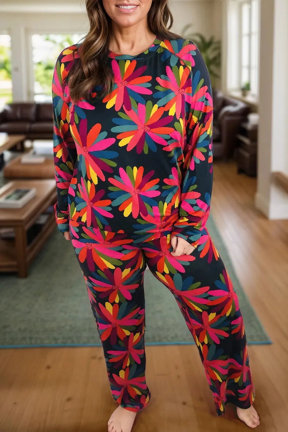 Plus Size Printed Round Neck Top and Drawstring Pants Set sold by Gigi Laurent