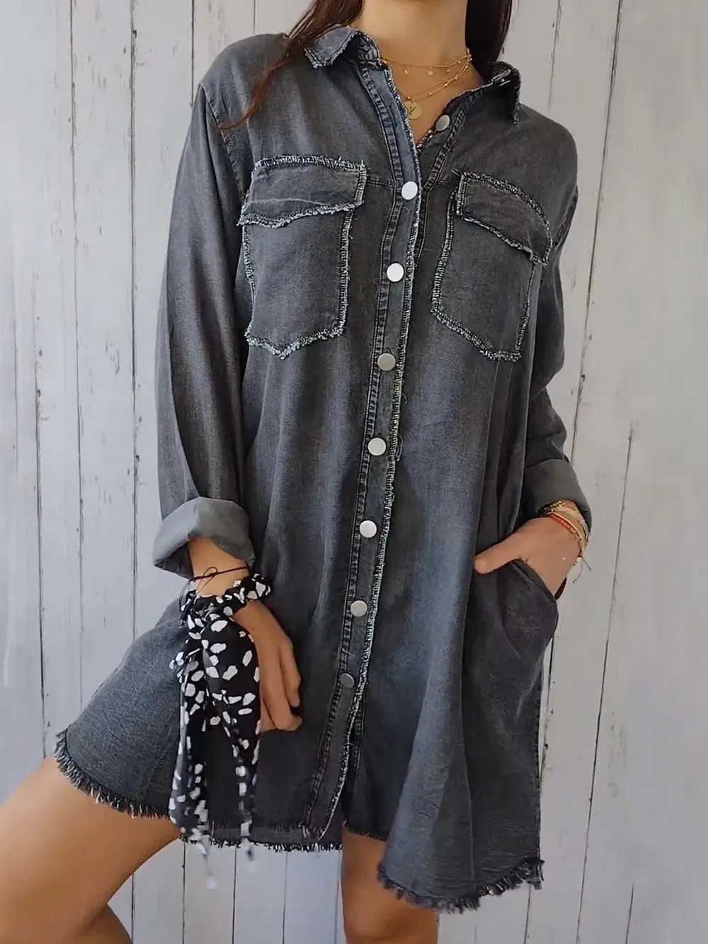 Full Size Raw Hem Button Up Long Sleeve Denim Top Plus Size sold by Gigi Laurent product image thumbnail 5