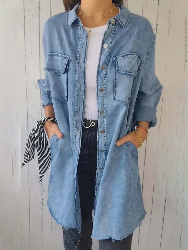 Full Size Raw Hem Button Up Long Sleeve Denim Top Plus Size sold by Gigi Laurent