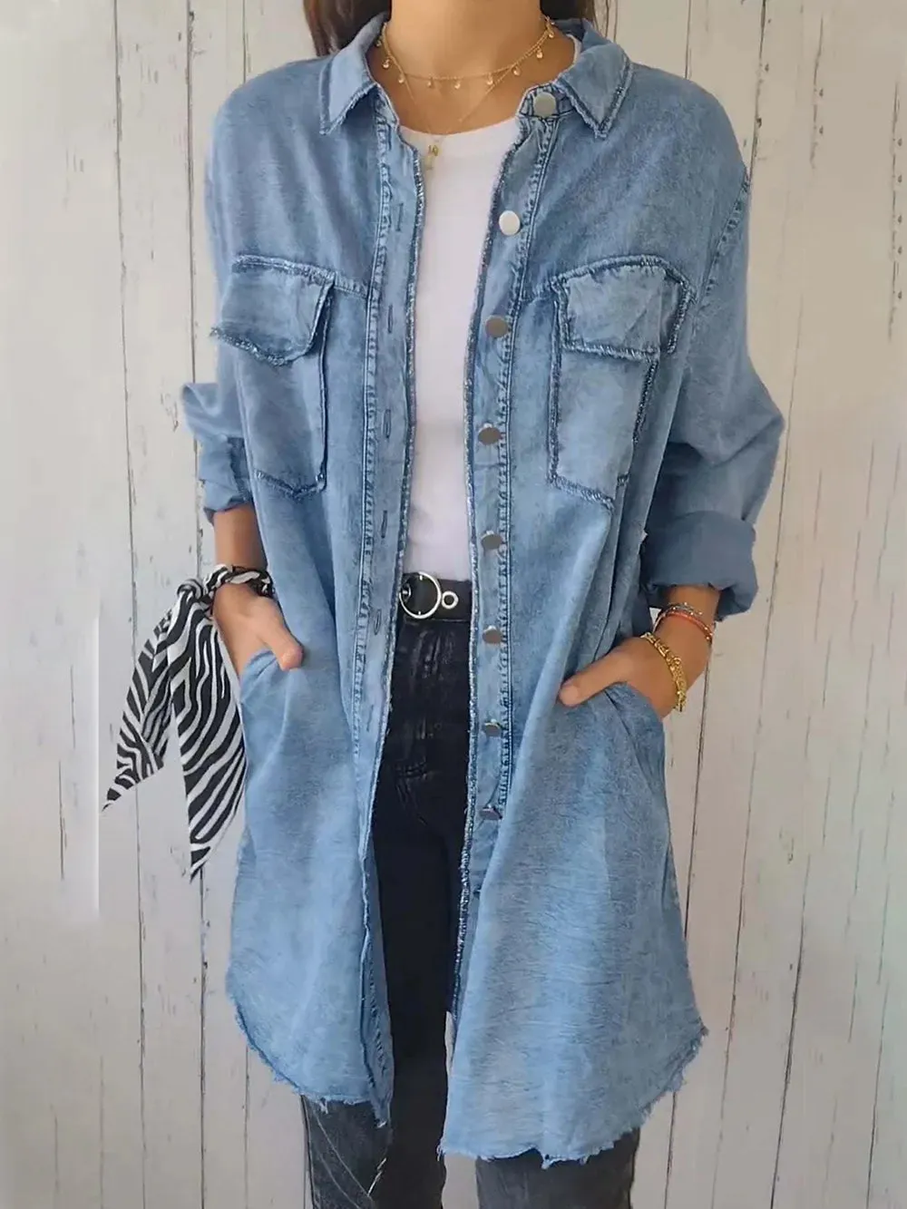 Full Size Raw Hem Button Up Long Sleeve Denim Top Plus Size sold by Gigi Laurent