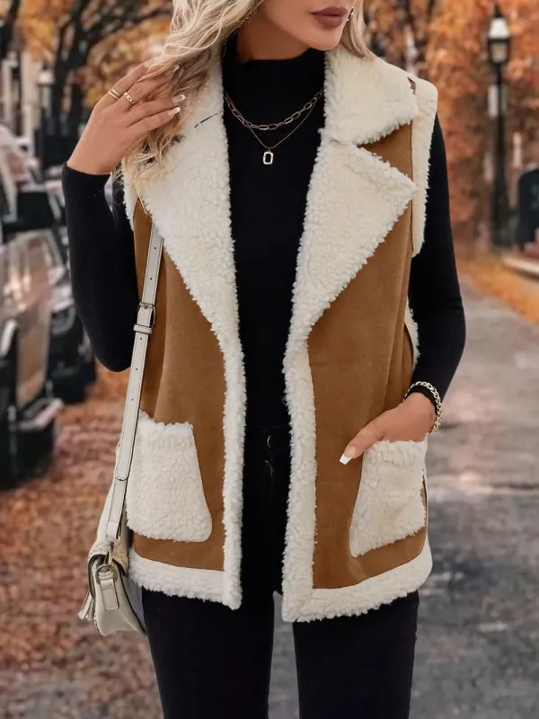 Full Size Contrast Open Front Sherpa Vest Coat sold by Gigi Laurent