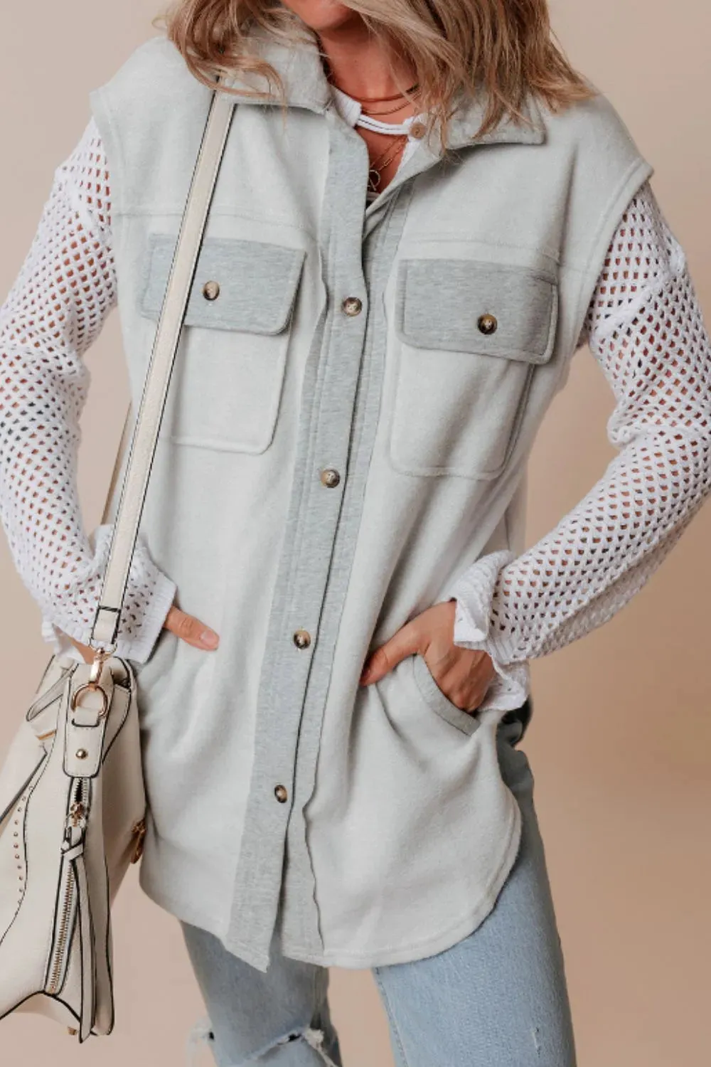 Pocketed Curved Hem Button Up Vest sold by Gigi Laurent product image thumbnail 2