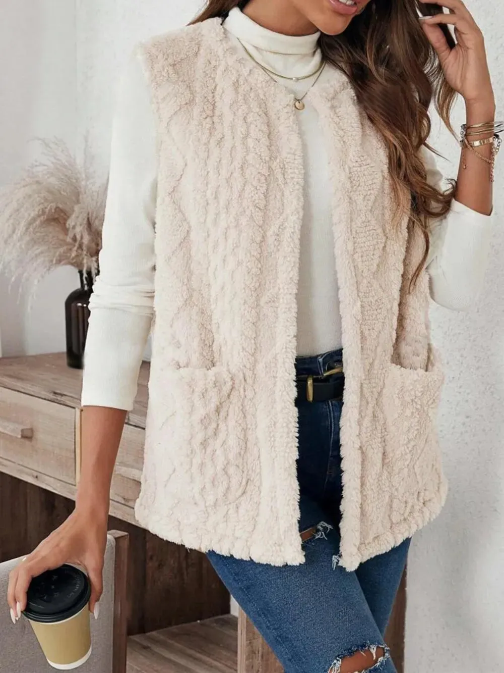 Fuzzy Open Front Vest with Pockets sold by Gigi Laurent product image thumbnail 3