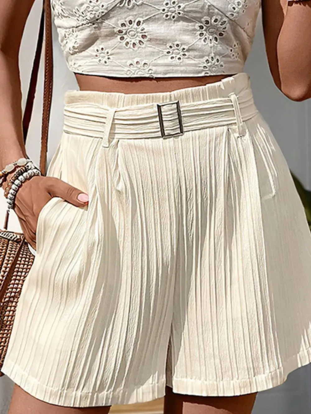 Perfee Textured High Waist Shorts with Pockets sold by Gigi Laurent