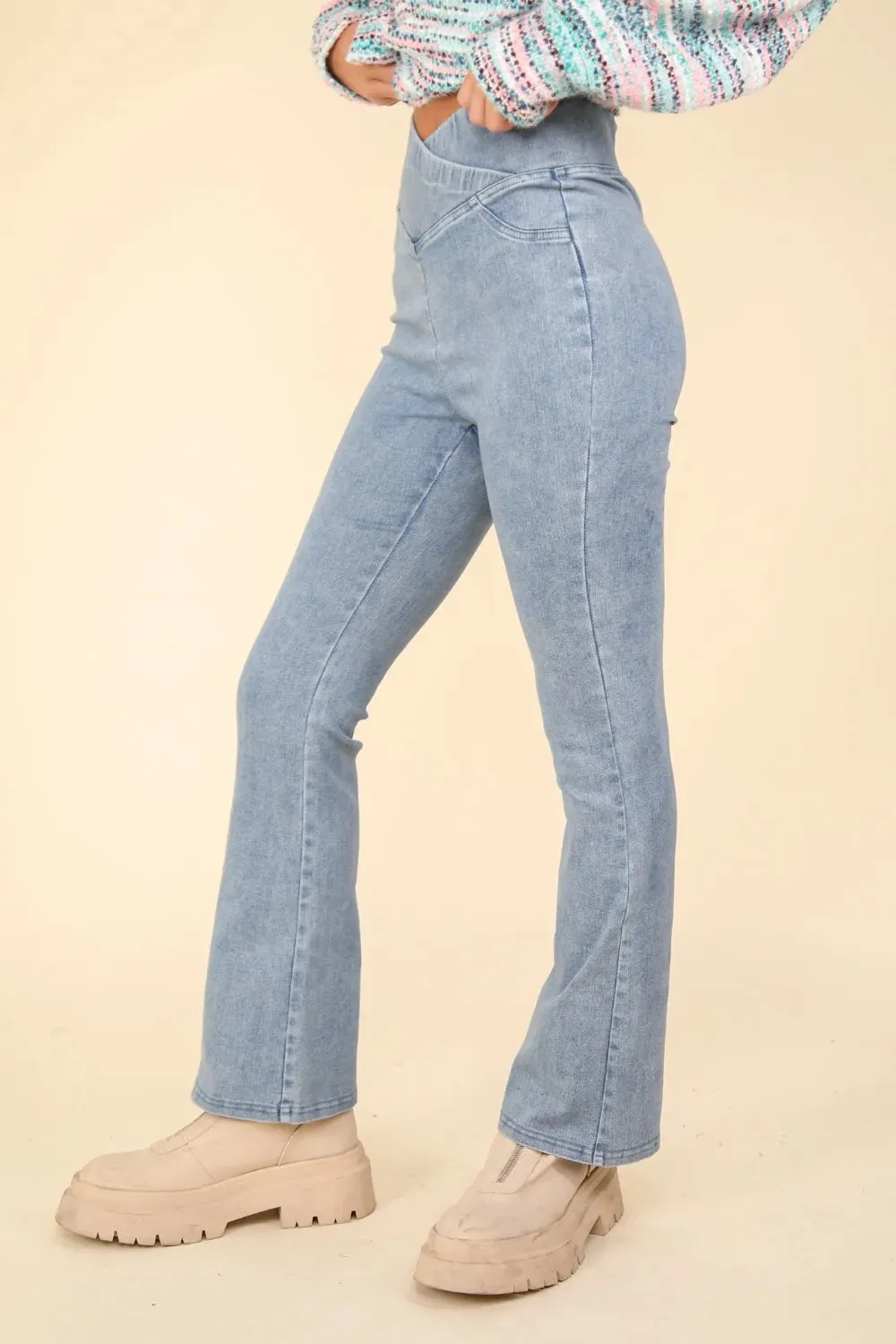 VERY J Washed Denim Stretchy Crossover Waist Leggings sold by Gigi Laurent product image thumbnail 4