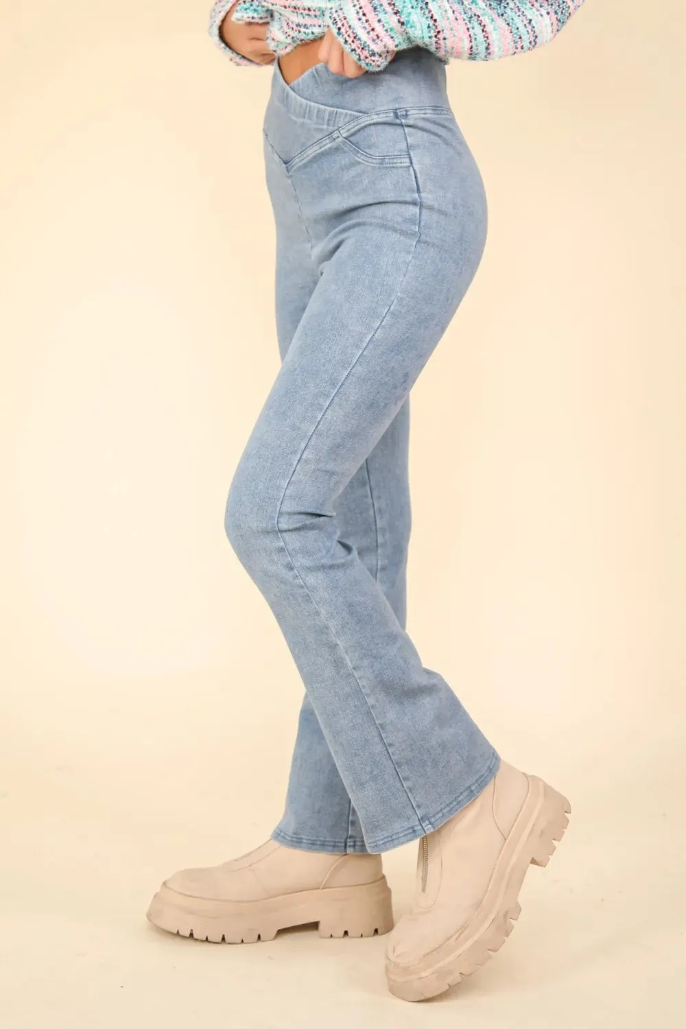 VERY J Washed Denim Stretchy Crossover Waist Leggings sold by Gigi Laurent product image thumbnail 3
