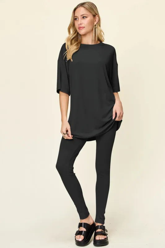 Double Take Full Size Round Neck Dropped Shoulder T-Shirt and Leggings Set sold by Gigi Laurent