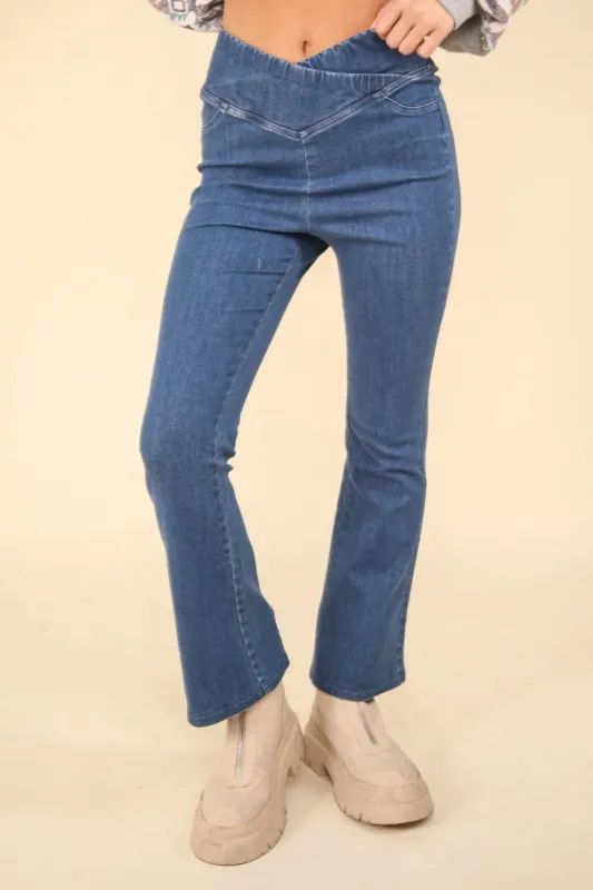 VERY J Washed Denim Stretchy Crossover Waist Leggings sold by Gigi Laurent