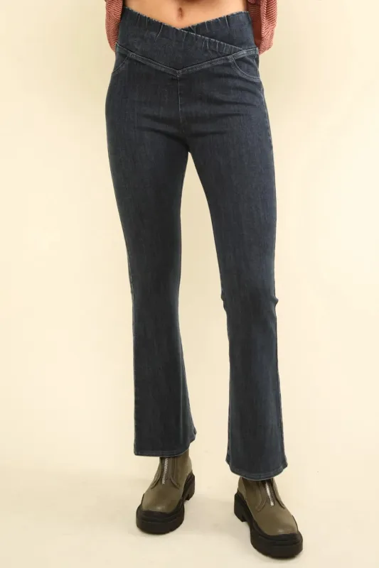 VERY J Washed Denim Stretchy Crossover Waist Leggings sold by Gigi Laurent