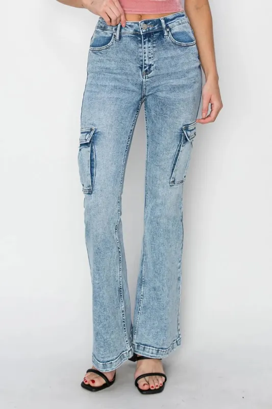 RISEN Full Size High Rise Cargo Flare Jeans made by Trendsi