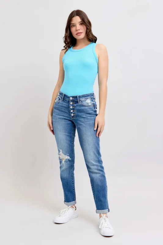 Judy Blue Full Size Button Fly Distressed Jeans with Pockets Plus Size sold by Gigi Laurent