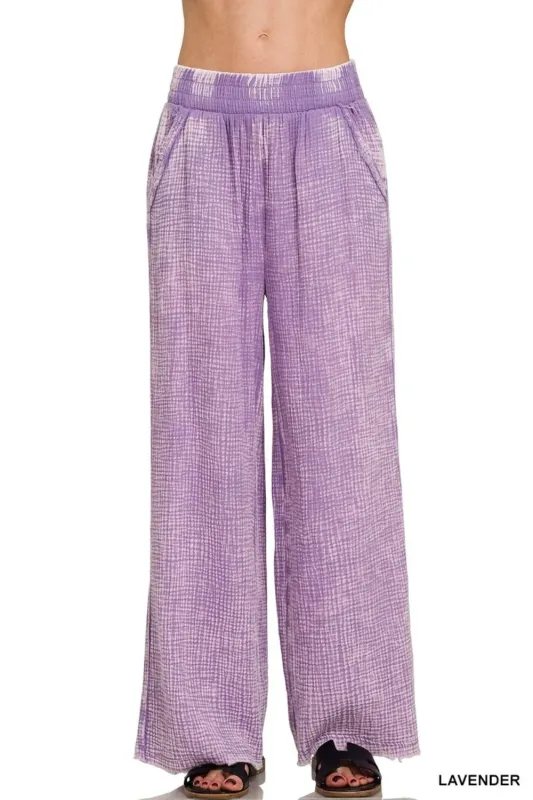 Zenana Washed Double Gauze Elastic Band Waist Pants sold by Gigi Laurent