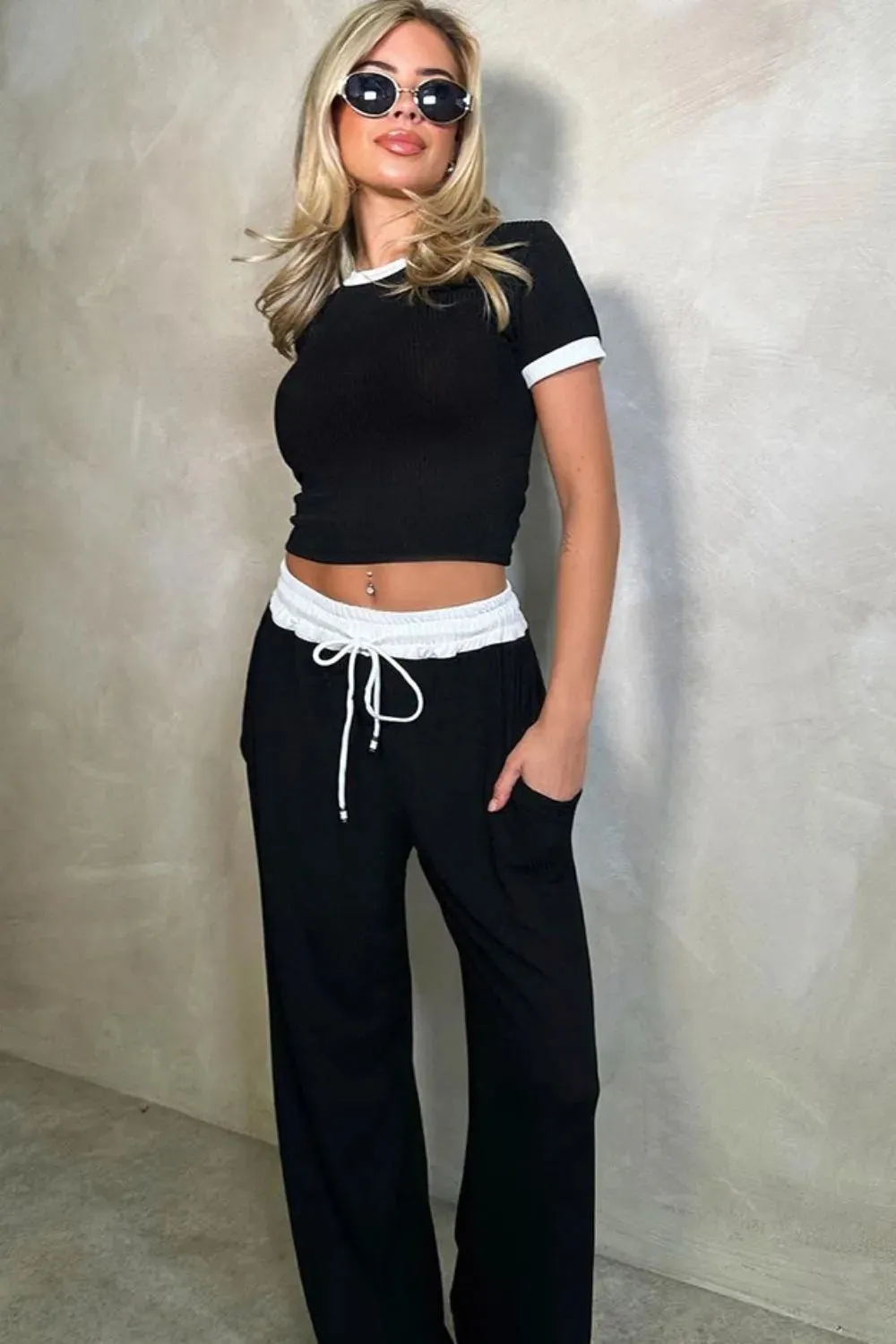 Contrast Trim Round Neck Top and Pants Set sold by Gigi Laurent