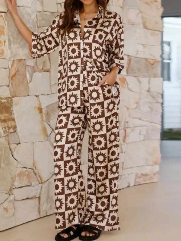 Printed Collared Neck Top and Pants Set sold by Gigi Laurent