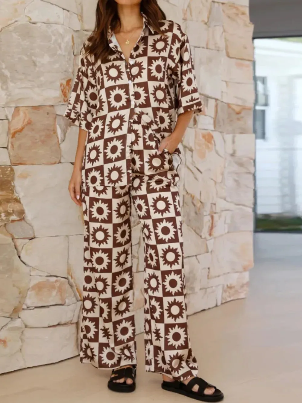 Printed Collared Neck Top and Pants Set sold by Gigi Laurent product image thumbnail 2