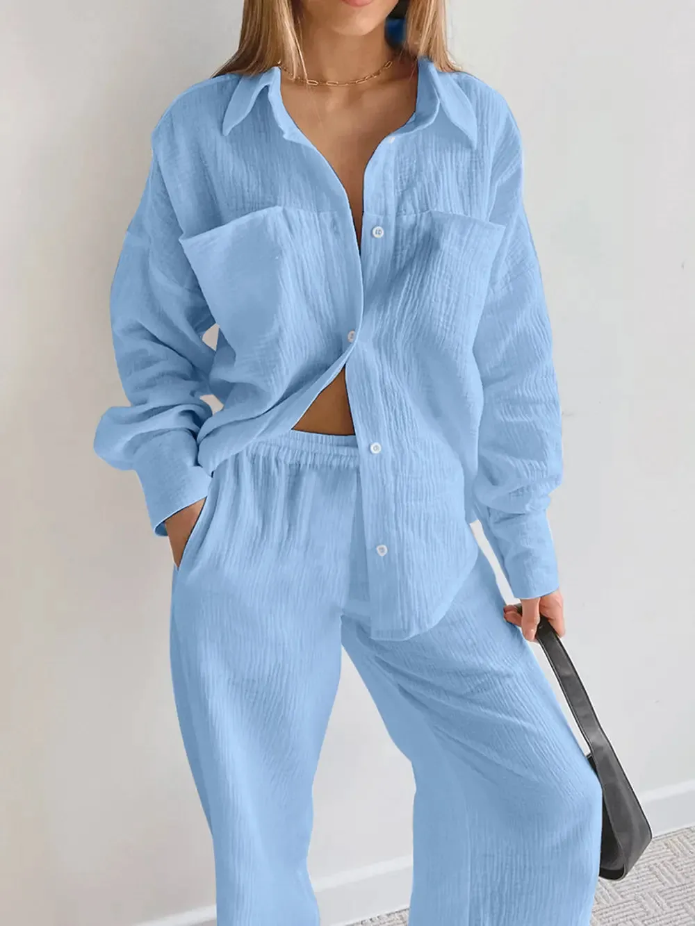 Texture Button Up Long Sleeve Shirt and Pants Set sold by Gigi Laurent