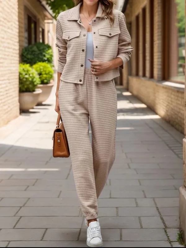 Plaid Texture Snap Down Top and Pants Set sold by Gigi Laurent