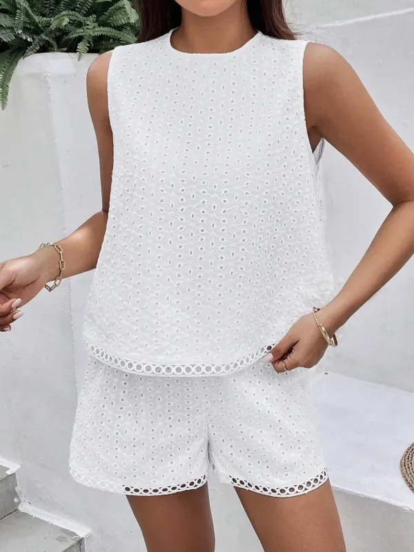 Eyelet Round Neck Top and Shorts Set sold by Gigi Laurent